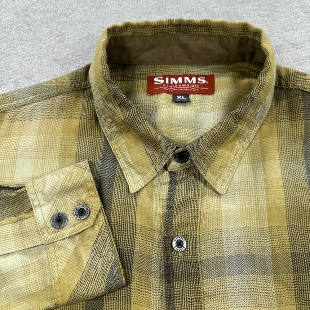 Simms Fishing Products Shirt Men XL Yellow Brown Plaid Long Sleeve Hiking Casual